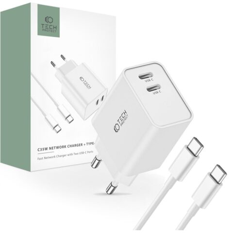 TECH-PROTECT C35W univerzalni punjač 2x TIP-C PD35W + TIP C kabel (bijeli) - Slika 1
