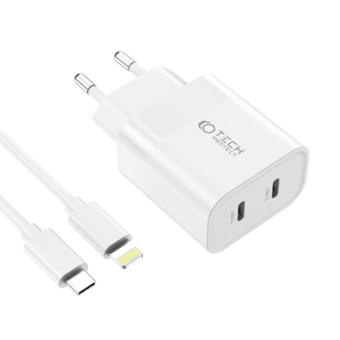 TECH-PROTECT C20W univerzalni punjač 2x TIP-C PD20W + LIGHTNING kabel (bijeli) - Slika 2