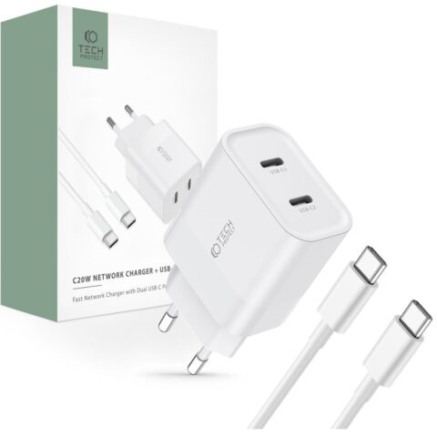 TECH-PROTECT C20W univerzalni punjač 2x TIP-C PD20W + TIP-C kabel (bijeli) - Slika 1