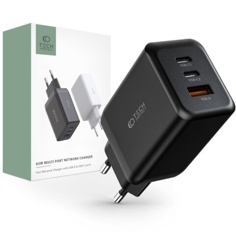 1 TECH-PROTECT C65W 3-PORT univerzalni strujni punjač PD65W/QC3.0 (crni) - Slika 1