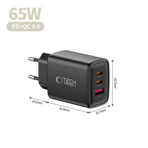 TECH-PROTECT NCA65W-GAN kućni punjač 3x utora PD 65W / QC3.0 (crni) - Slika 7