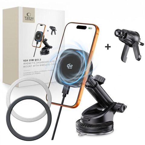TECH-PROTECT V20 ARCTICBOOST magnetski držač za auto s bežičnim punjačem MagSafe za nadzornu ploču i ventilacijsku rešetku 25W QI2.2 crni - Slika 1