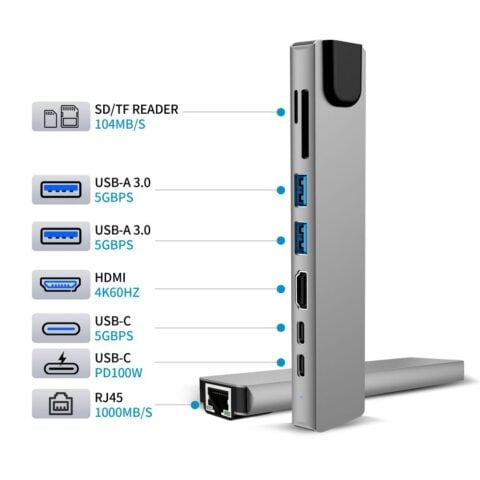 Tech-Protect HB09 Hub 8u1 Type C to 2 x USB + Type C + HDMI 4K 60HZ + SD/TF + PD100W + RJ45 - Slika 8